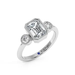 Emerald With Round Trilogy Ring - White Gold