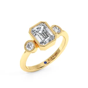 Emerald With Round Trilogy Ring - Yellow Gold